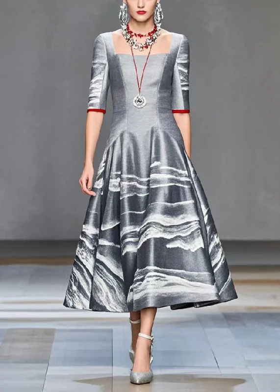 Take Advantage elegant evening dressBoho Grey Print Exra Large Hem Cotton Dress Half Sleeve