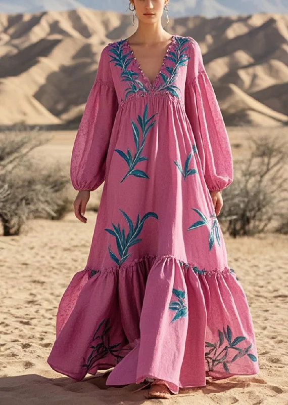 trendy dressSimple Rose Oversized Print Cotton Long Dresses Spring