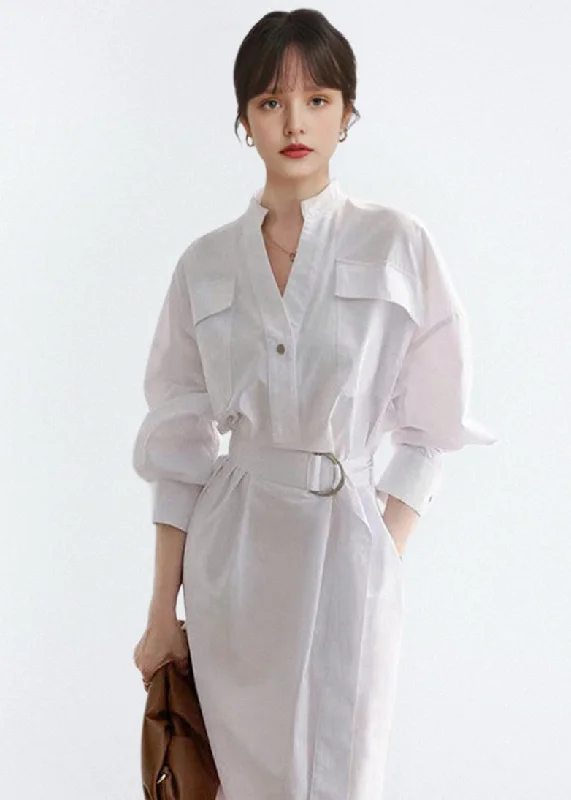 New Deals trendy dressWomen White V Neck Tie Waist Cotton Shirts Dress Fall