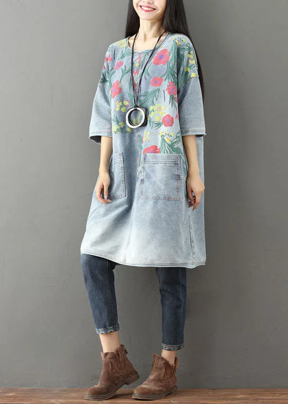 puff sleeve dressLight Blue Pockets Print Denim Mid Dress O Neck Summer