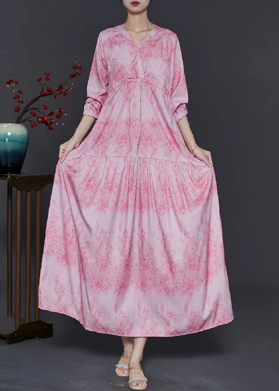 ashionable dressFrench Pink V Neck Print Chiffon Dresses Fall