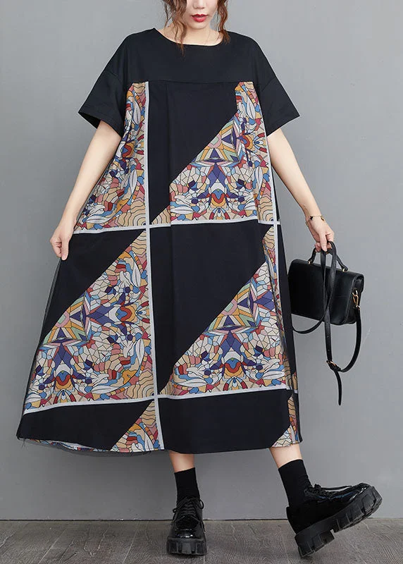 Now or Never pleated dressModern Black O-Neck Tulle Patchwork Geometric Print Cotton A Line Dresses Short Sleeve