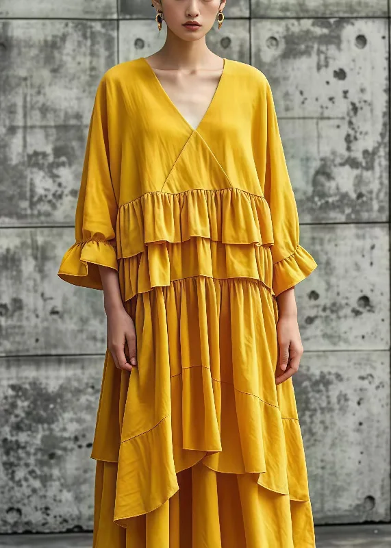 Exclusive Deal party dressSimple Yellow Ruffled Cotton Party Dress Bracelet Sleeve