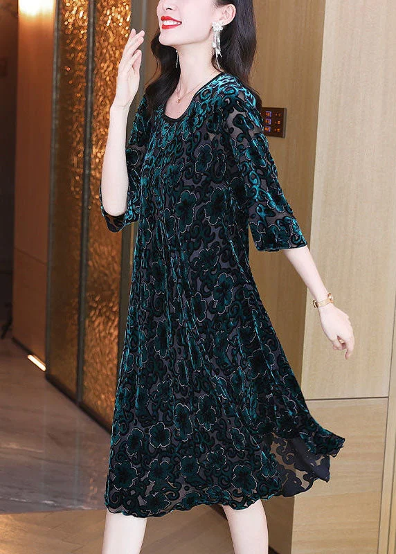 Savings Bonanza romantic dressWomen Green O-Neck Oversized Print Silk Velour Party Dress Half Sleeve