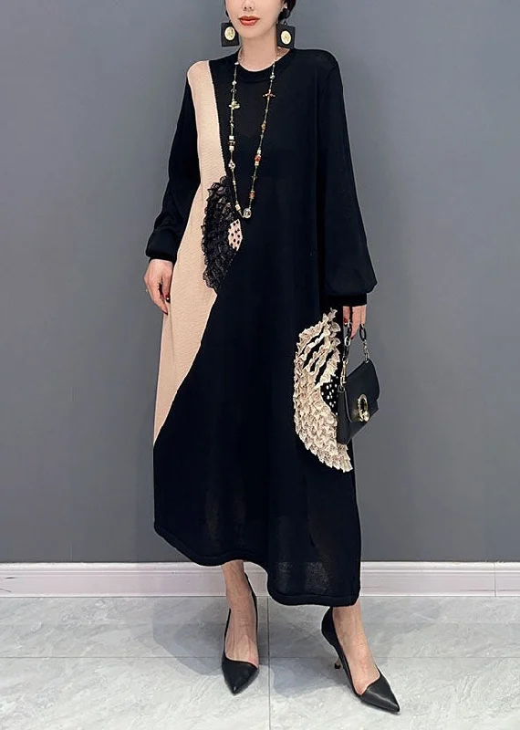 Get It Before It’s Gone fitted dressBlack Patchwork Knit Long Dresses O-Neck Ruffled Summer