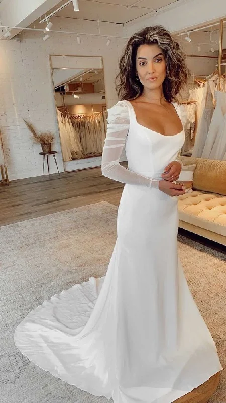 Deal of the Week oversized dressFit and Flare Sheer Long Sleeve Square Neckline Wedding Dress