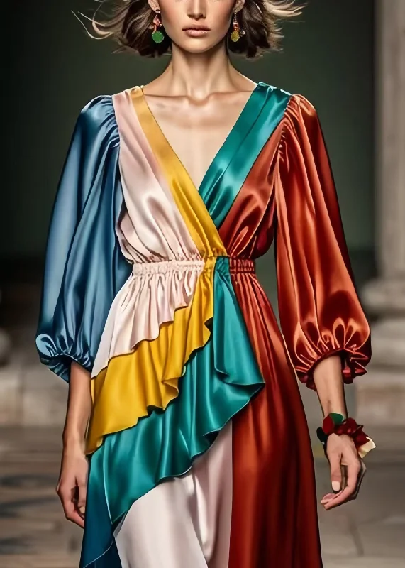 midi dressDIY Colorblock Elastic WaistPatchwork Silk Long Dress Bracelet Sleeve