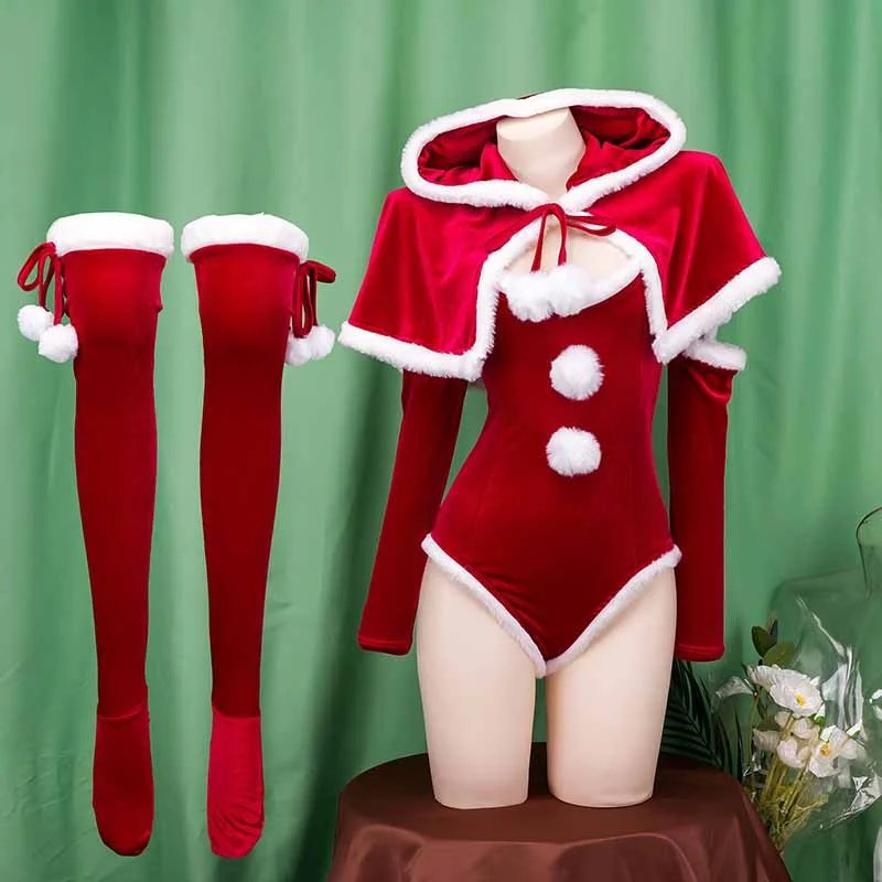 Savings Galore Christmas Fuzzy Ball Hooded Cloak Jumpsuit Lingerie Set yv50800