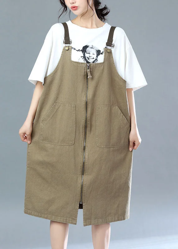 shift dressKhaki Cotton Suspender Dresses Zip Up Summer