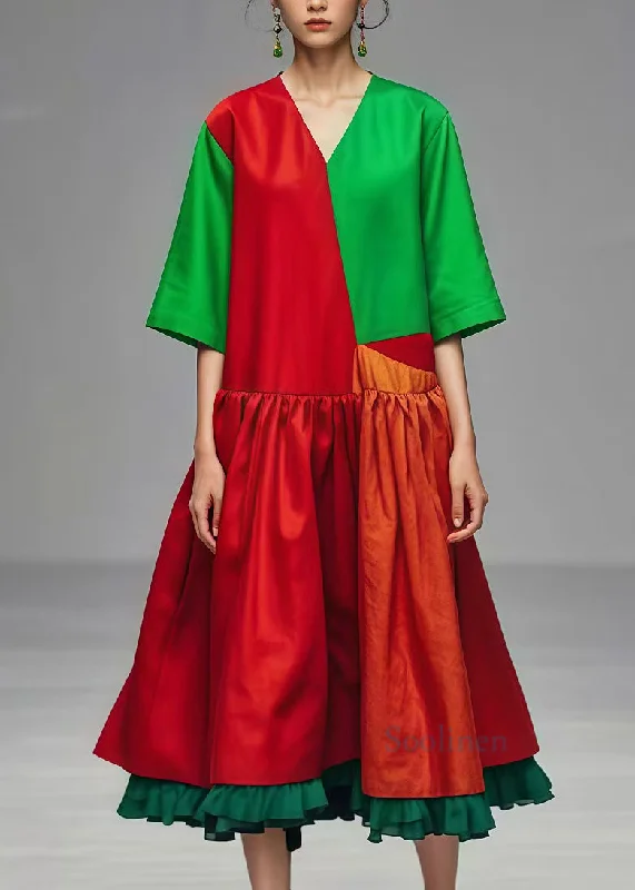 Limited Time party-ready dressBoutique Red V Neck Patchwork Ruffled Cotton Holiday Dress Summer Limited Time party-ready dressBoutique Red V Neck Patchwork Ruffled Cotton Holiday Dress Summer
