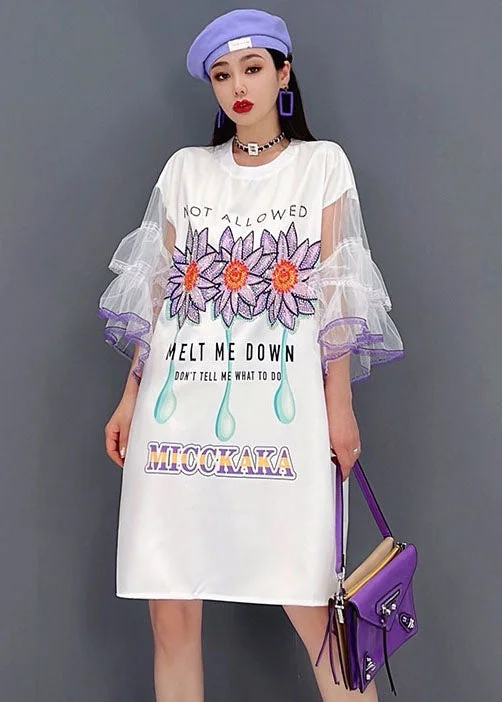 bohemian dressUnique White O-Neck Tulle Original Print Patchwork Mid Dress Flare Sleeve