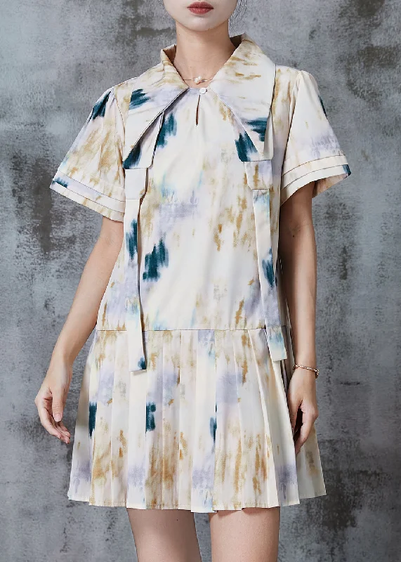 printed dressCasual White Peter Pan Collar Tie Dye Cotton Pleated Dresses Summer