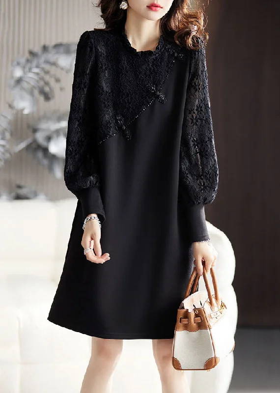 lace-up dressDIY Black Ruffled Lace Patchwork Mid Dresses Long Sleeve