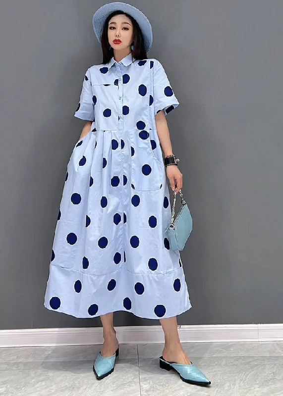 Super Deal layered dressWomen Blue Peter Pan Collar Dot Print Pockets Shirt Dresses Short Sleeve