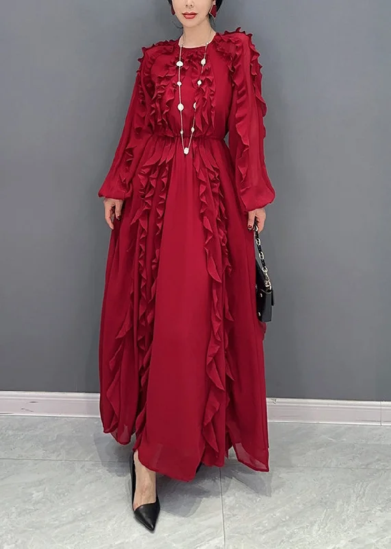 Limited Quantity casual midi dressRed Slim Fit Chiffon Long Dresses O-Neck Ruffles Spring