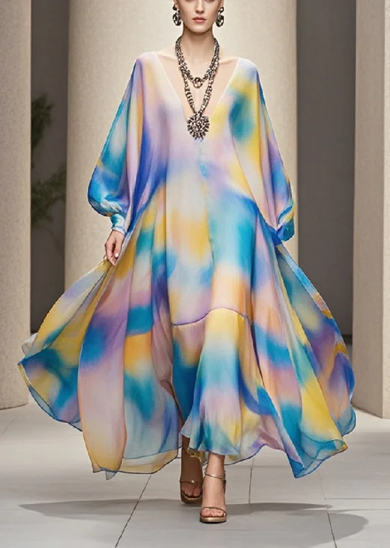 Act Fast formal dressStylish Rainbow Tie Dye Exra Large Hem Chiffon Maxi Dress Fall