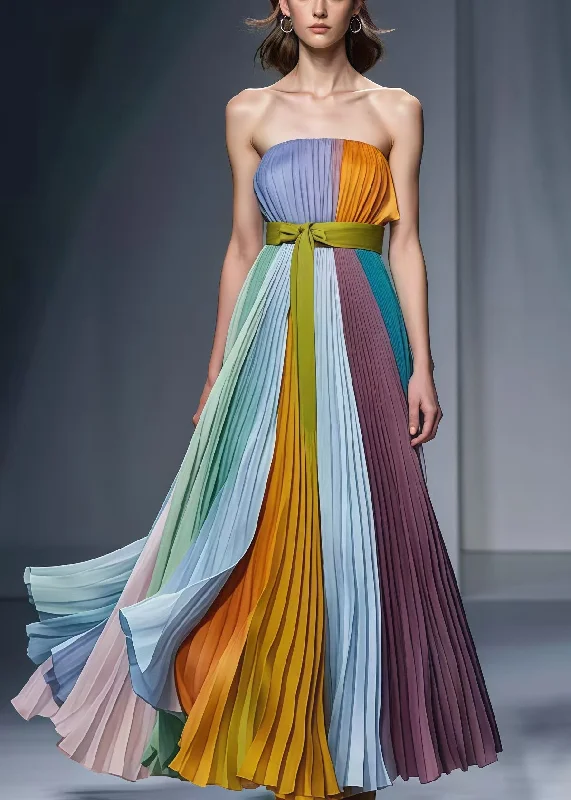 classic fit-and-flare dressSilm Fit Multicolor Cold Shoulder Chiffon Strapless Pleated Dresses Summer