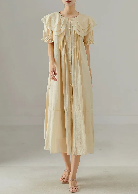 pleated dressItalian Apricot Peter Pan Collar Wrinkled Cotton Shirt Dresses Summer