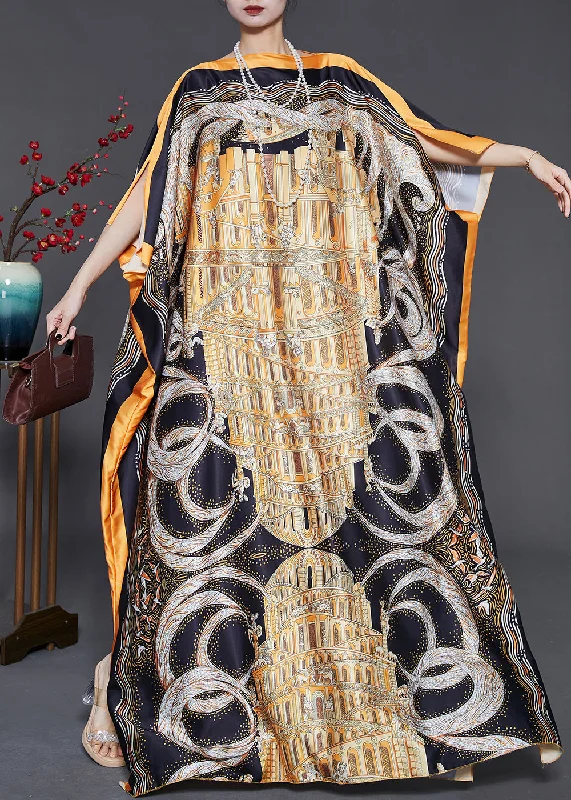 Overstock lace-up dressLoose Yellow Oversized Print Silk Beach Dress Batwing Sleeve