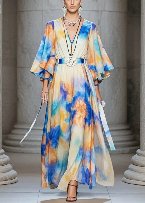 Deal of the Day ashionable dressPlus Size Cinched Tie Dye Chiffon Maxi Dresses Flare Sleeve