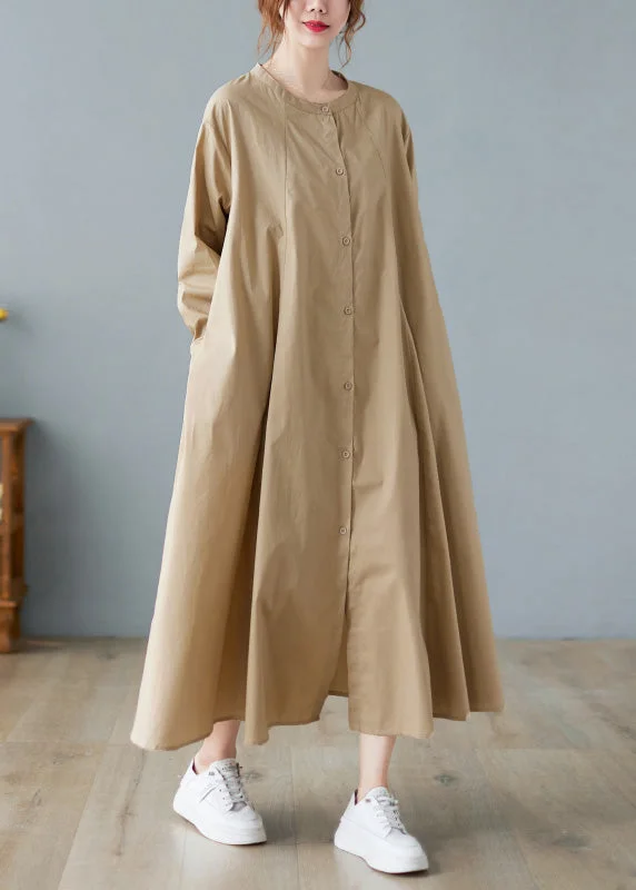 Discount Days evening dressElegant Khaki O-Neck Button Cotton Long Shirts Dress Long Sleeve