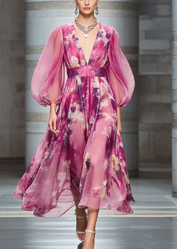 Huge Discounts pleated dressFashion Rose Cinched Print Chiffon Robe Dresses Bracelet Sleeve