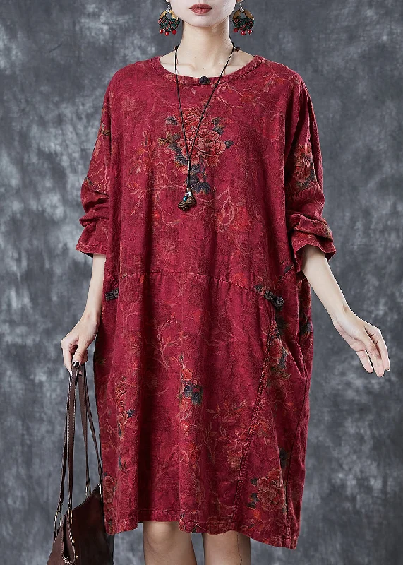 Members Only midi dressWomen Red Oversized Print Linen Oriental Dress Fall