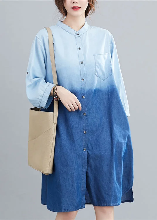 office dressFrench Light Blue Stand Collar Gradient Color Denim Dress Fall