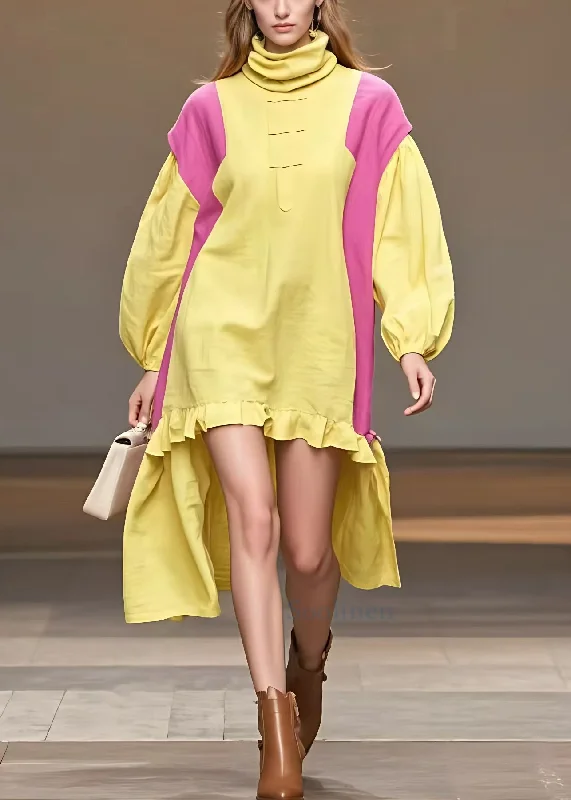 Super Sale oversized dressLoose Yellow Turtleneck Low High Design Cotton Dress Fall Super Sale oversized dressLoose Yellow Turtleneck Low High Design Cotton Dress Fall