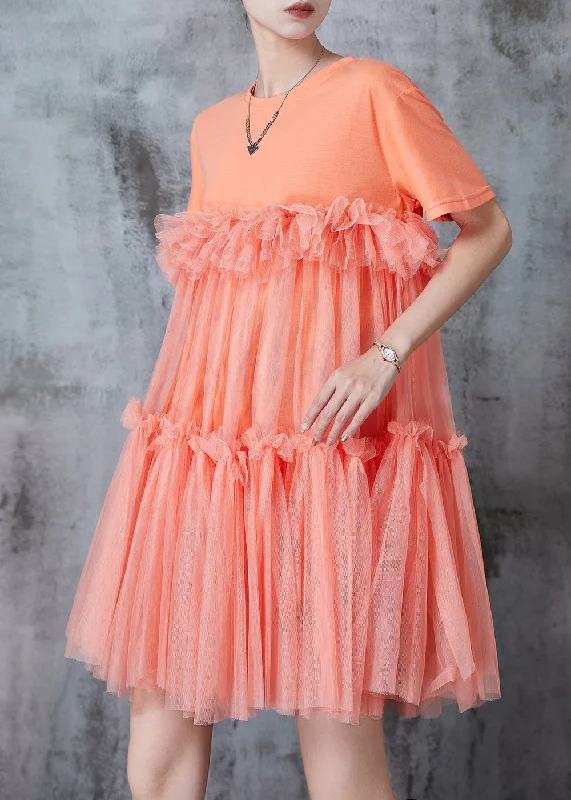 casual slip dressOrange Patchwork Tulle Mini Dresses Oversized Summer