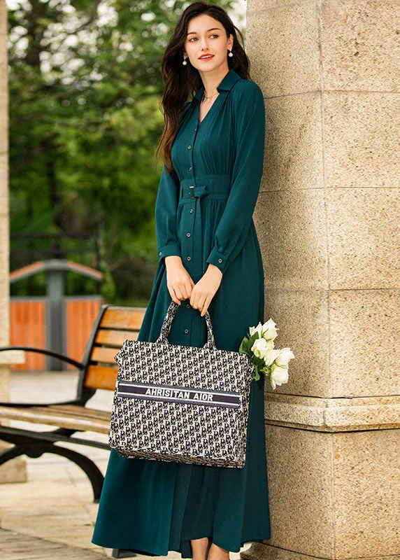 Year-End Sale chic slip dressStylish Green V Neck Button Wrinkled Silk Holiday Dress Fall Year-End Sale chic slip dressStylish Green V Neck Button Wrinkled Silk Holiday Dress Fall