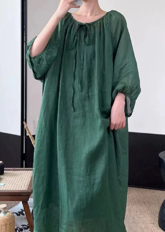 Take Advantage trendy dressWomen Green Lace Up Solid Linen Long Dresses Fall