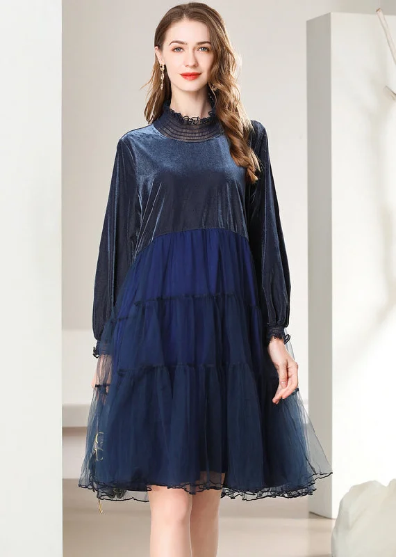 classic fit-and-flare dressFrench Navy Ruffled Patchwork Tulle Silk Velour Mid Dress Spring