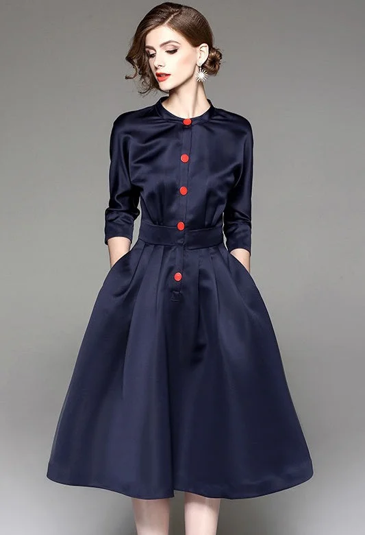 ruched dressNavy Midi Dress W/ Red Buttons