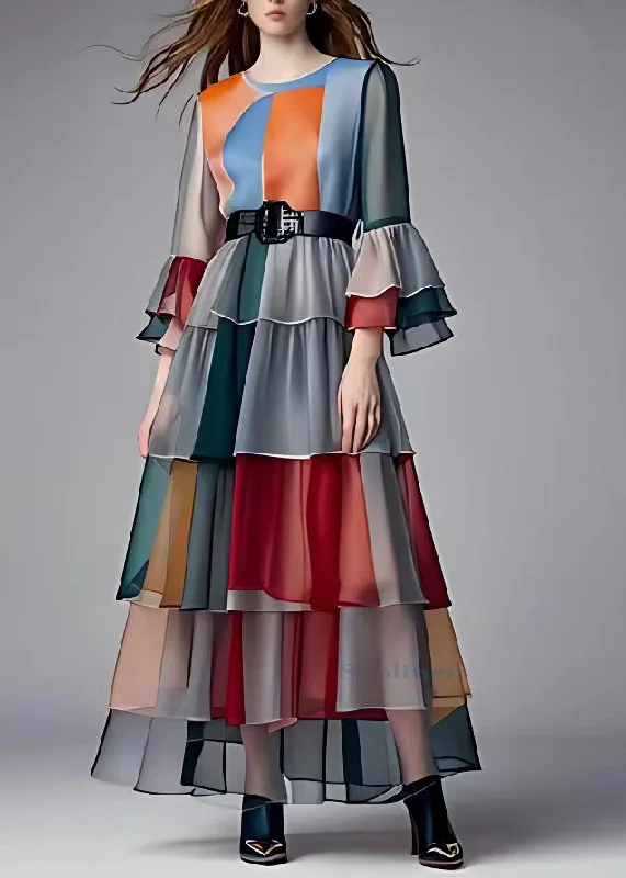 Deal Explosion casual summer dressFrench Colorblock O-Neck Sashes Chiffon Maxi Dress Flare Sleeve Deal Explosion casual summer dressFrench Colorblock O-Neck Sashes Chiffon Maxi Dress Flare Sleeve