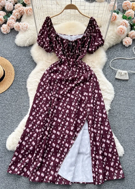 Price Meltdown stylish dressWine Red Print Cotton Long Dresses Square Collar Short Sleeve