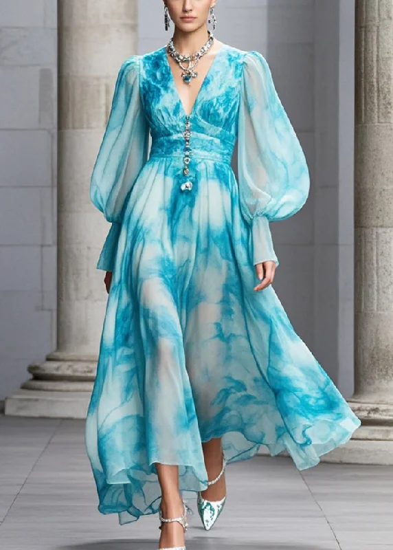 Bonus Savings A-line dressWomen Blue V Neck Tie Dye Chiffon Maxi Dresses Fall