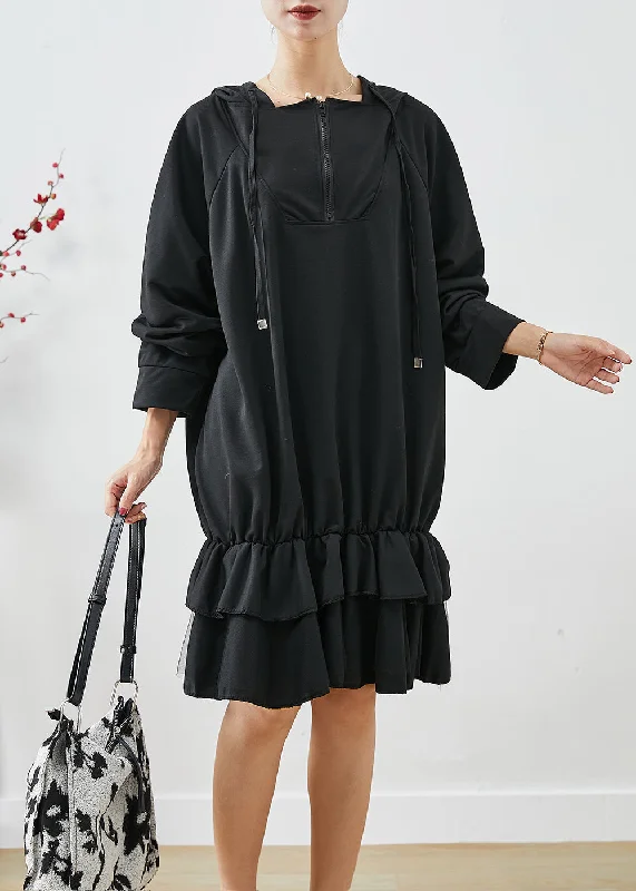 vintage-inspired dressWomen Black Oversized Patchwork Ruffles Cotton Dress Fall