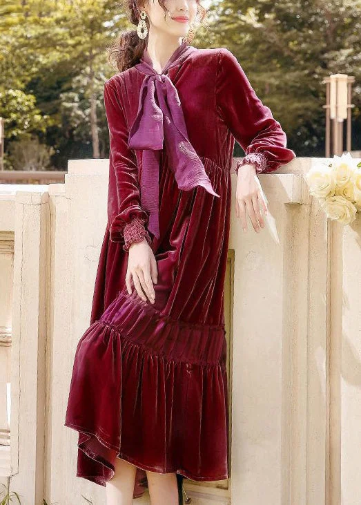 Limited Stock wrap-around dressFine Mulberry Bow Collar Ruffled Patchwork Silk Velour Dresses Spring Limited Stock wrap-around dressFine Mulberry Bow Collar Ruffled Patchwork Silk Velour Dresses Spring