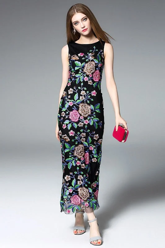 high-waisted dressAll Floral Embroidered Maxi Dress