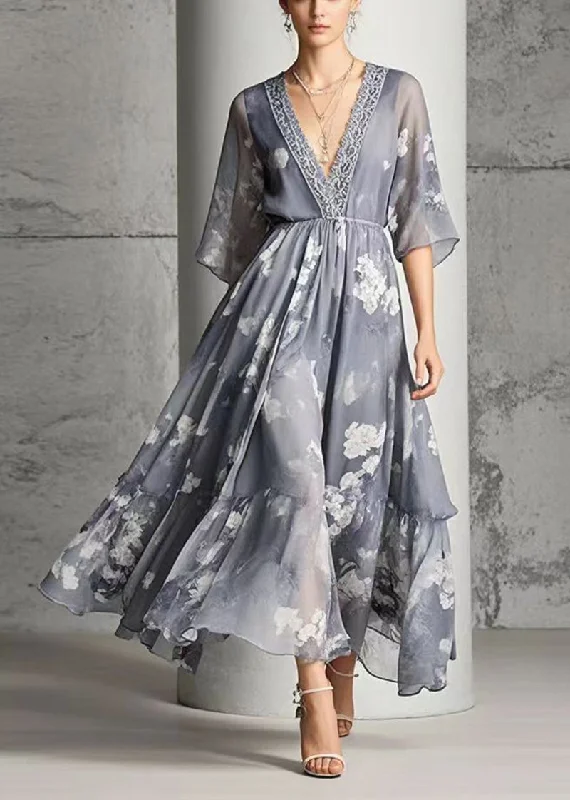 Limited Quantity sleeveless dressModern Grey V Neck Print Chiffon Long Dress Summer