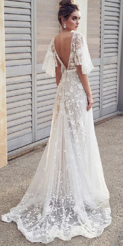 Clearance Items high-waisted dressOutdoor Summer V-back Boho Sleeve Lace Wedding Dress