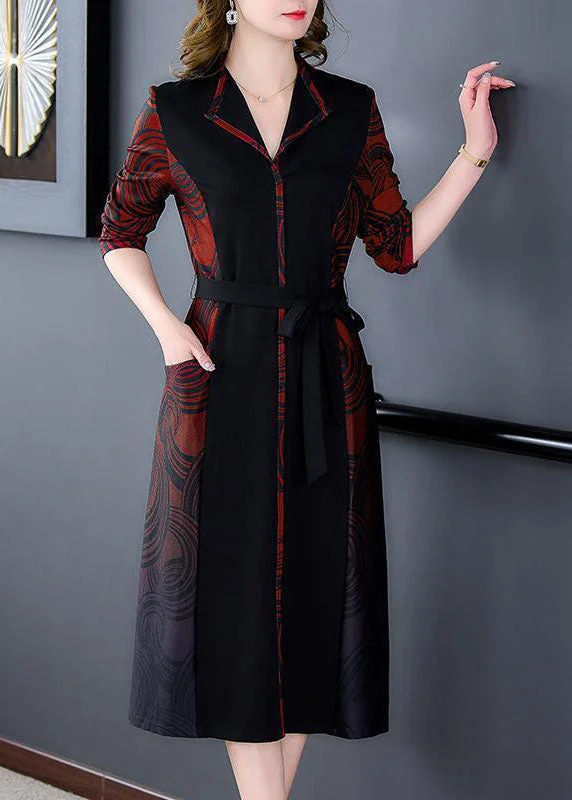 Super Deal office dressElegant Red V Neck Patchwork Print Silk Cinch Dress Fall