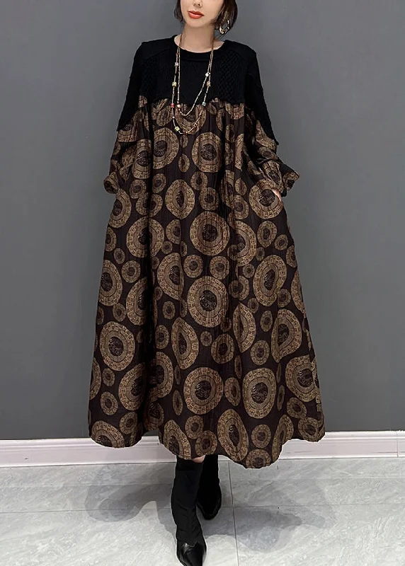 Weekend Deal ruched dressLoose Brown O-Neck Patchwork Dot Print Maxi Dress Fall