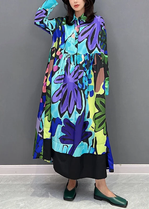 Mega Sale chic dressStreetwear Blue Print Patchwork Cotton Long Dresses Fall