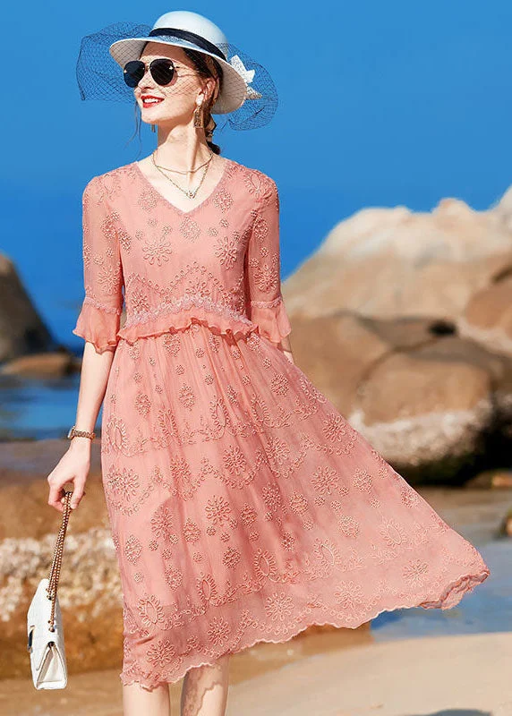 bodycon dressBoutique Pink V Neck Embroideried Ruffles Silk Long Dress Half Sleeve