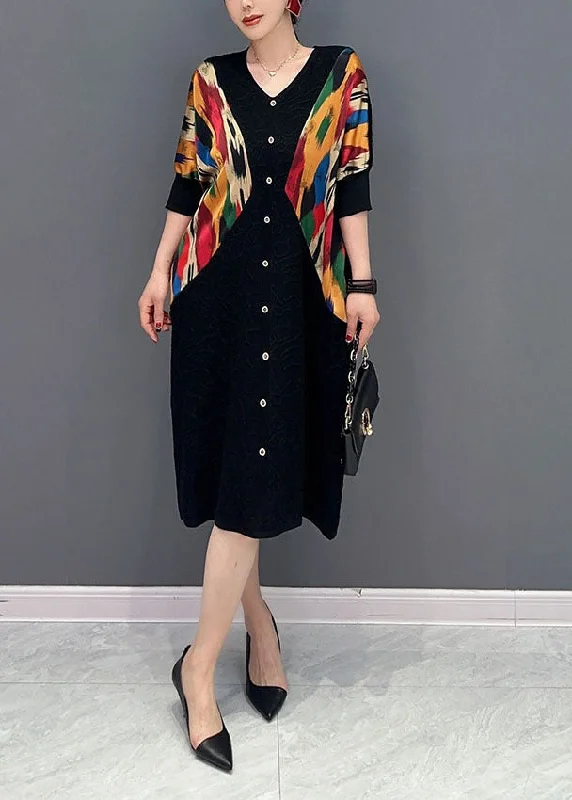 Exclusive Access formal dressWomen Black V Neck Patchwork Print Button Dress Spring