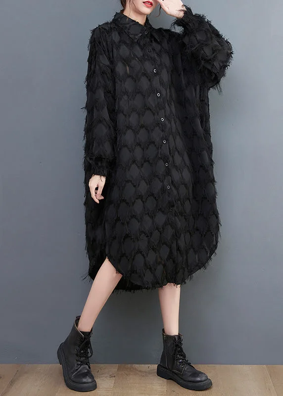 Hurry In satin midi dressBlack Peter Pan Collar Button Long Shirts Dresses Long Sleeve