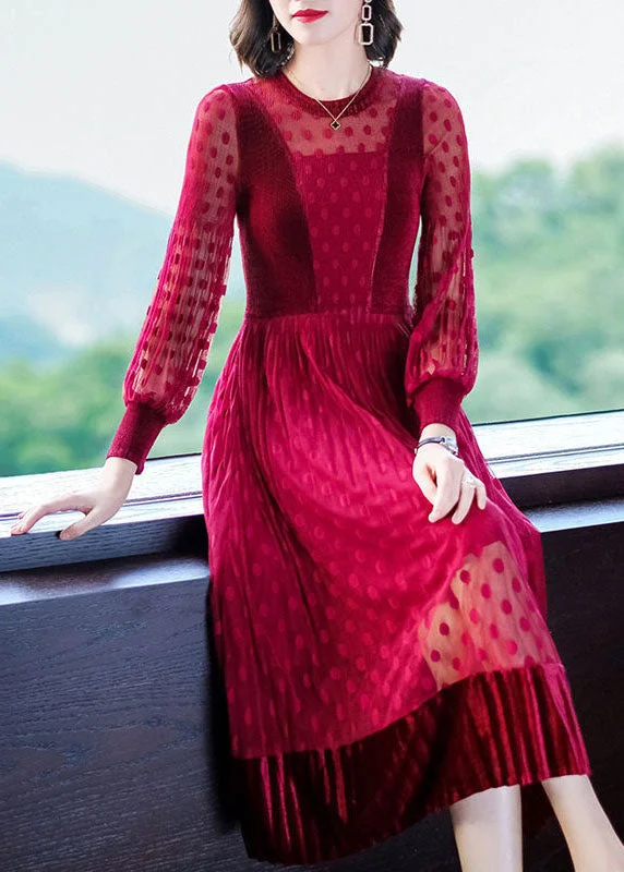 Quick Sale form-fitting dressRed Slim Fit Tulle Pleated Dresses O-Neck Exra Large Hem Spring
