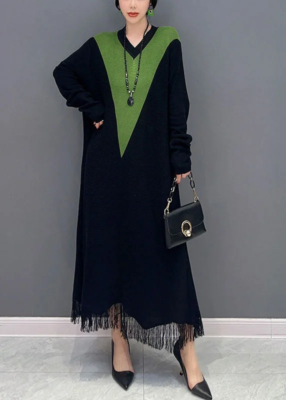 Price Buster off-the-shoulder dressBlack Patchwork Knit Long Dress V Neck Tassel Spring